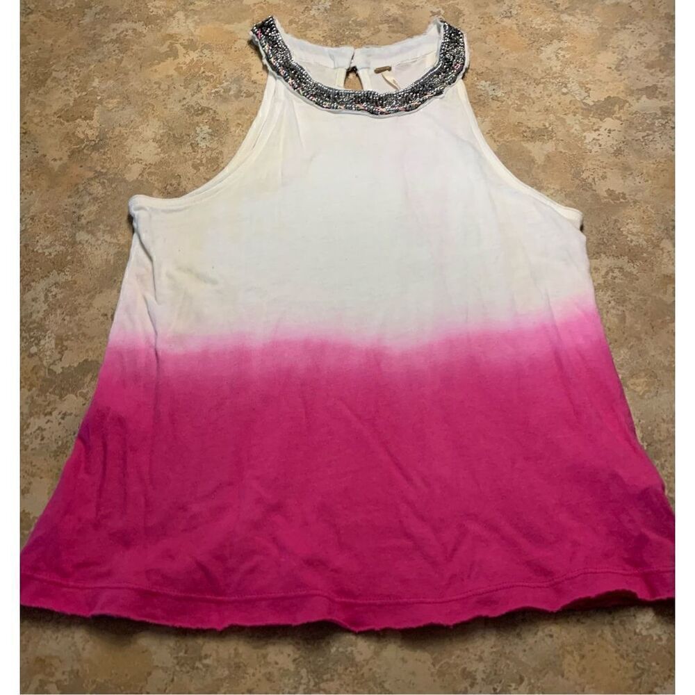 FREE PEOPLE PINK & WHITE OMBRÉ BEADED NECKLINE BOHO SWING TANK TOP sz S